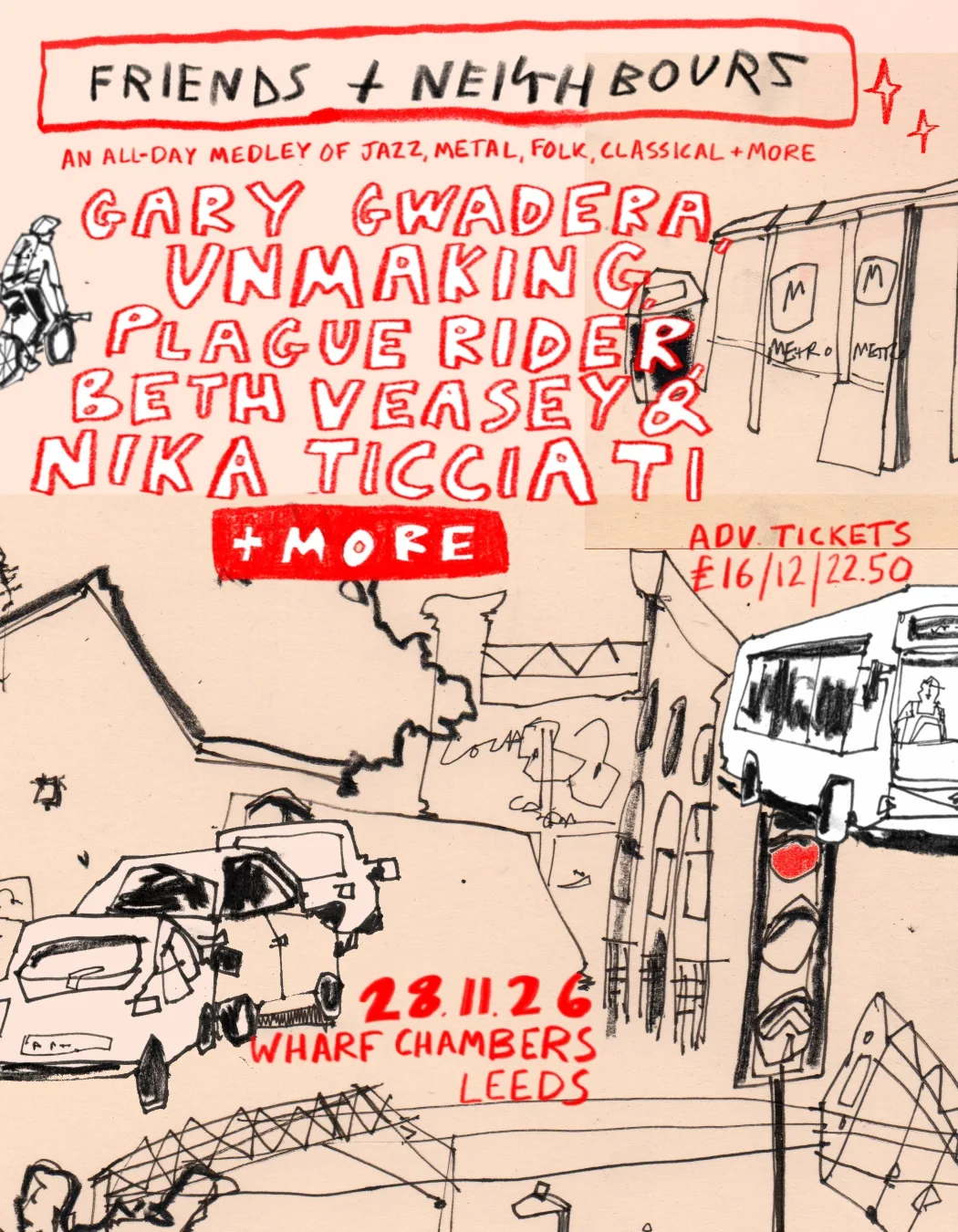 Poster for Friends + Neighbours at Wharf Chambers, Leeds