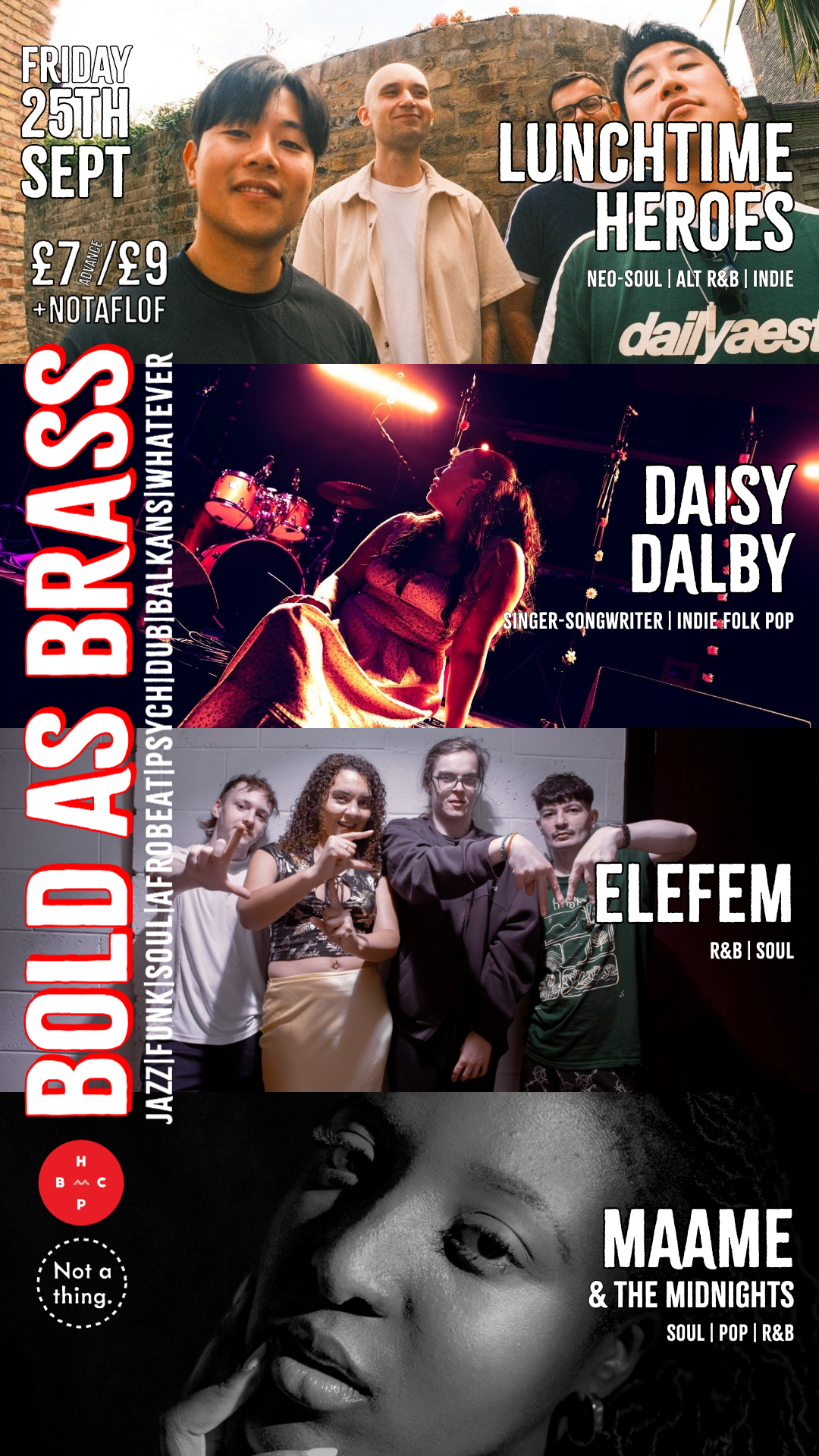 Poster for Bold as Brass: Lunchtime Heroes / Daisy Dalby / Elefem / MAAME & The Midnights at Hyde Park Book Club, Leeds