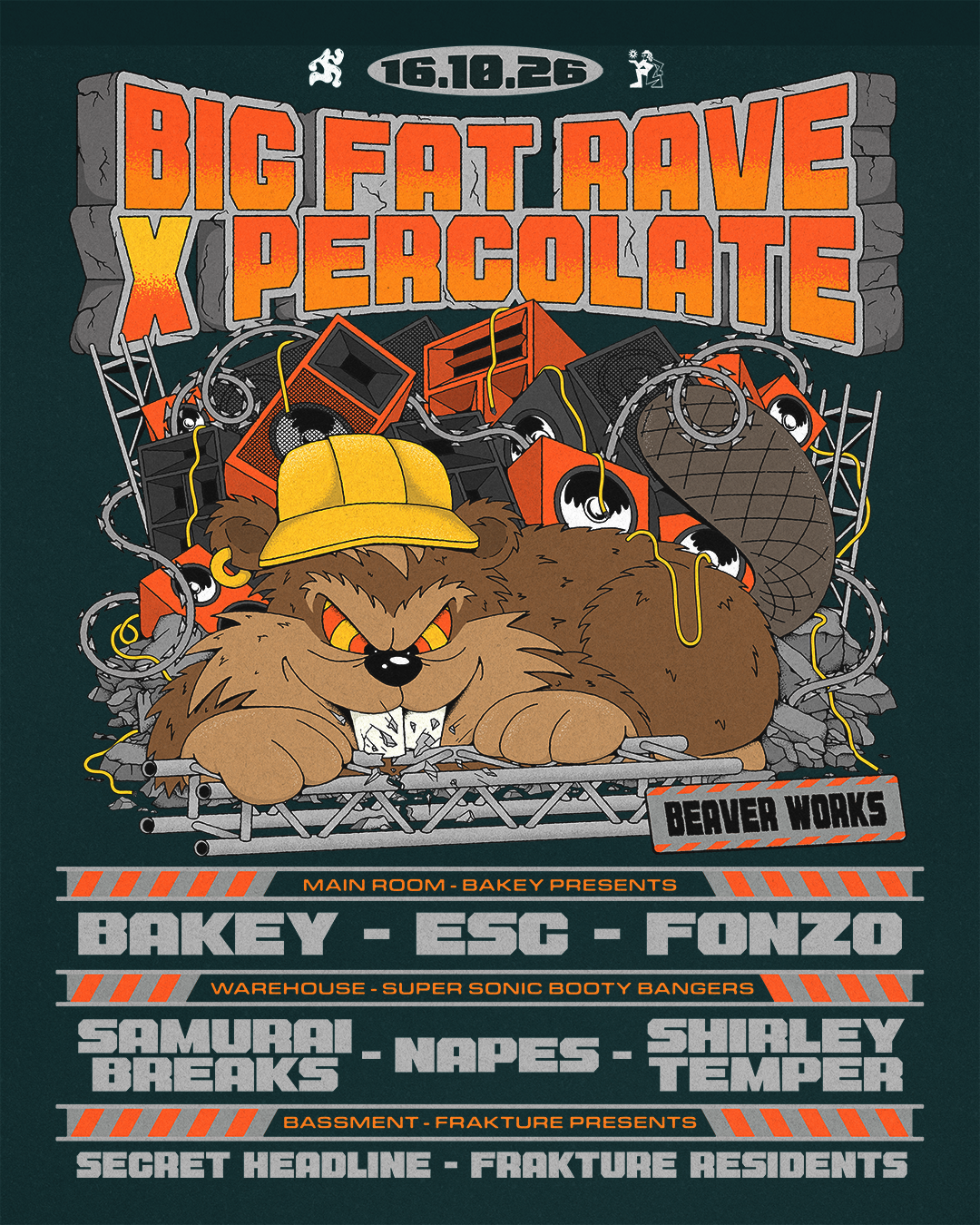 Poster for Big Fat Rave: Bakey, Samurai Breaks, Napes, ESC, Fonzo, Shirley Temper & More at Beaver Works, Leeds