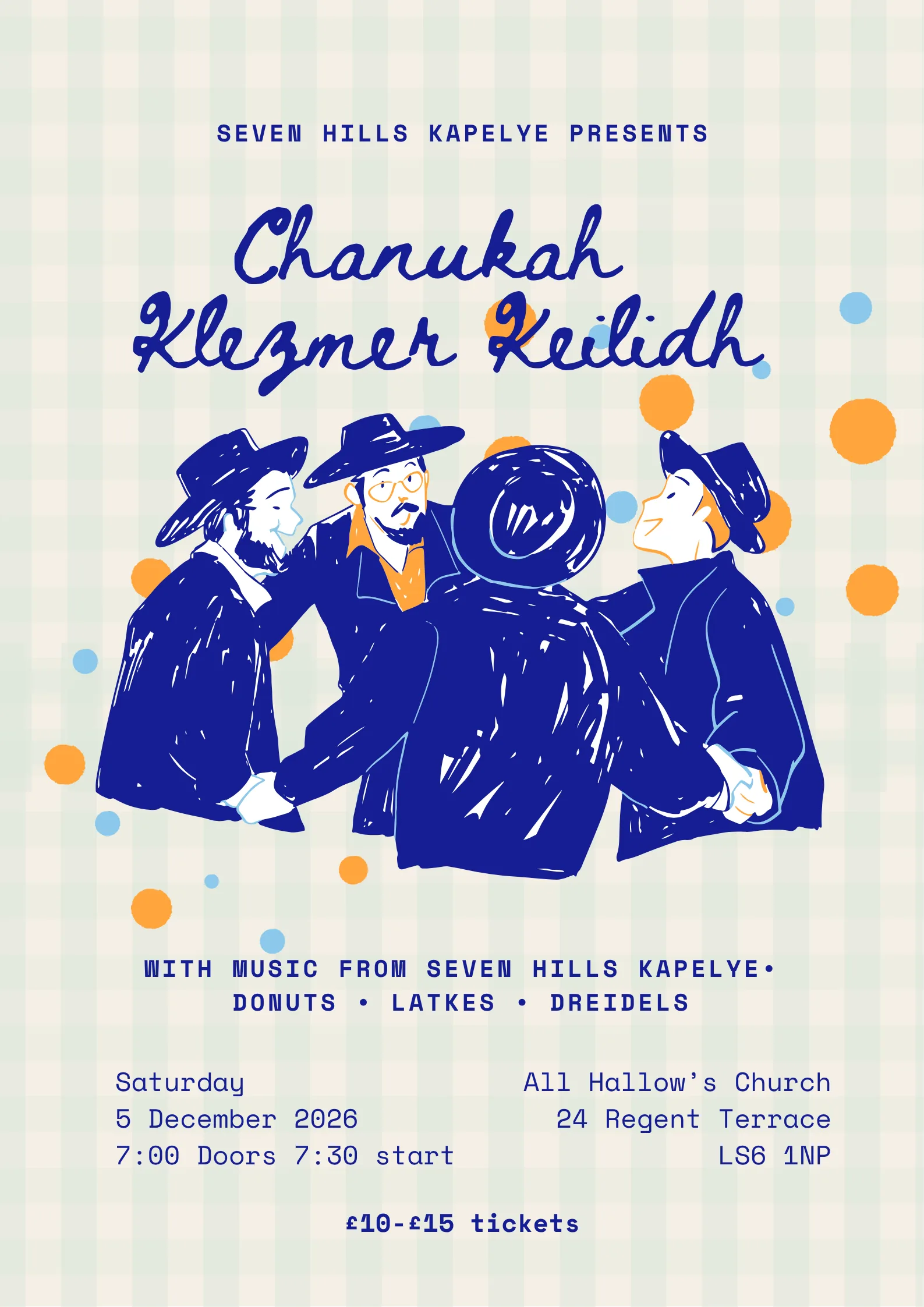 Poster for Chanukah Klezmer Keilidh with Seven Hills Kapelye at All Hallows Church, Leeds