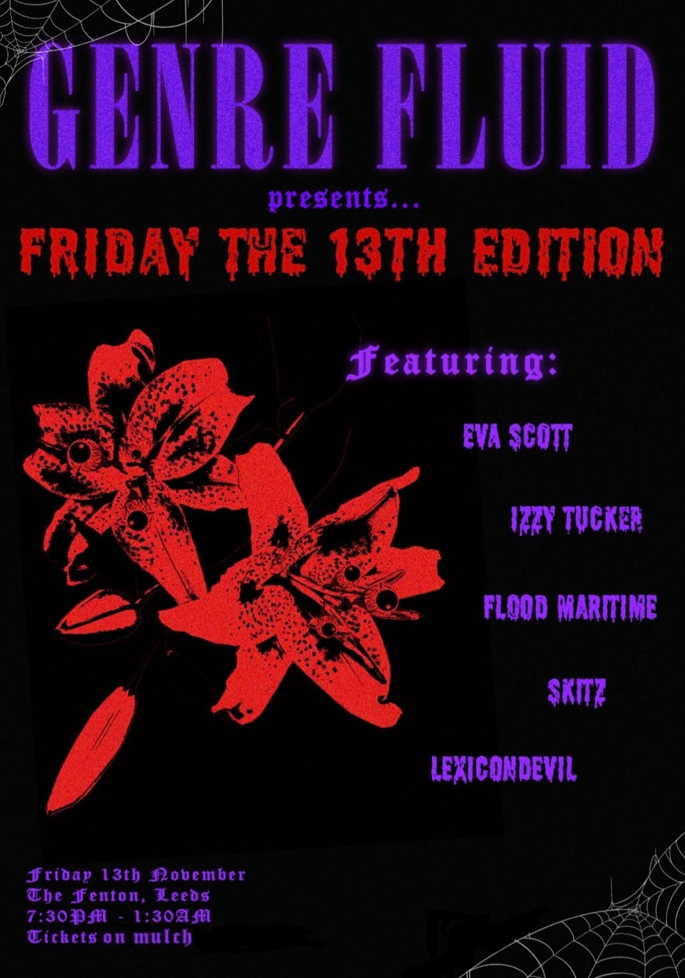 Poster for Genre Fluid - Friday 13th edition at The Fenton, Leeds