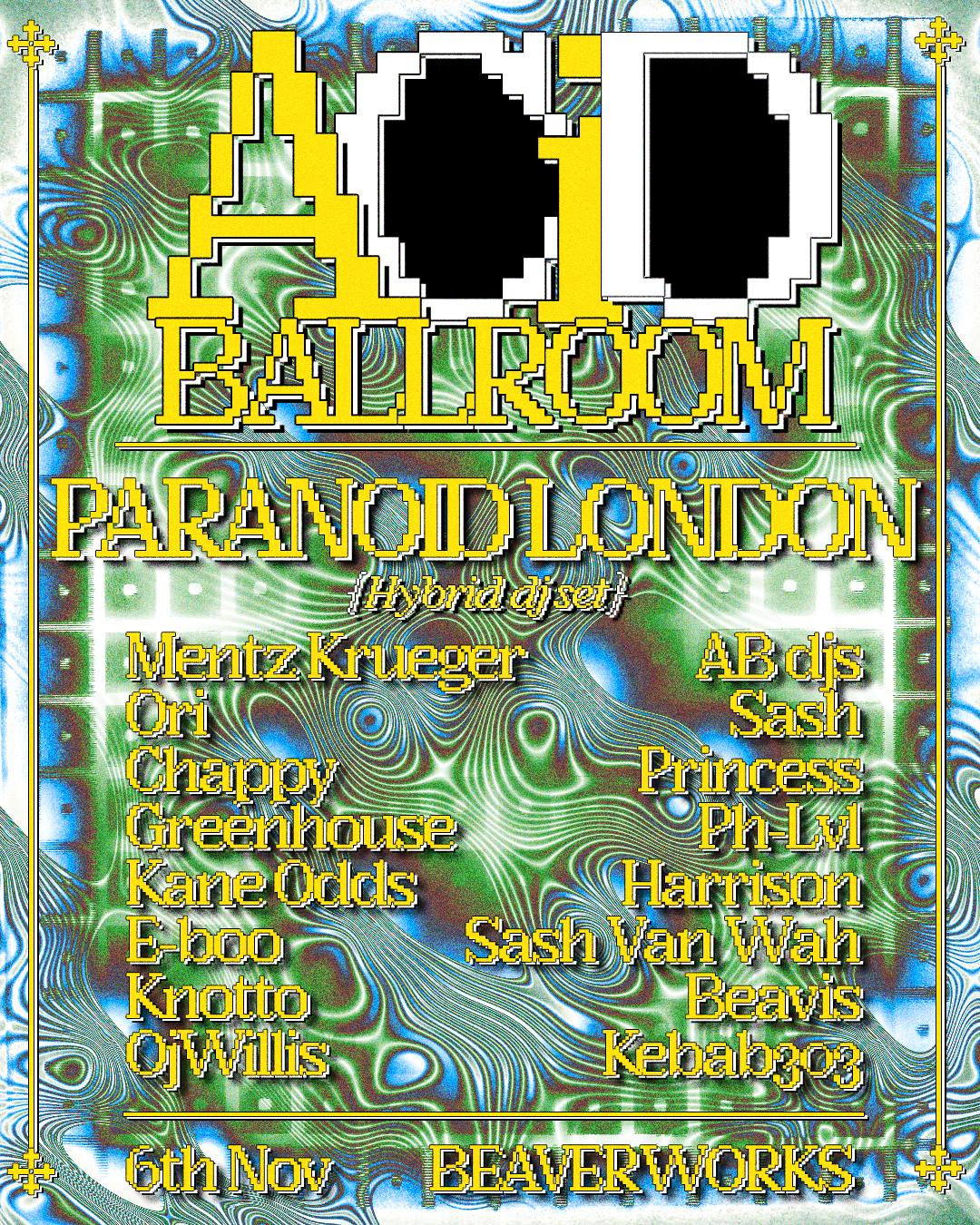 Poster for Acid Ballroom: Paranoid London at Beaver Works, Leeds