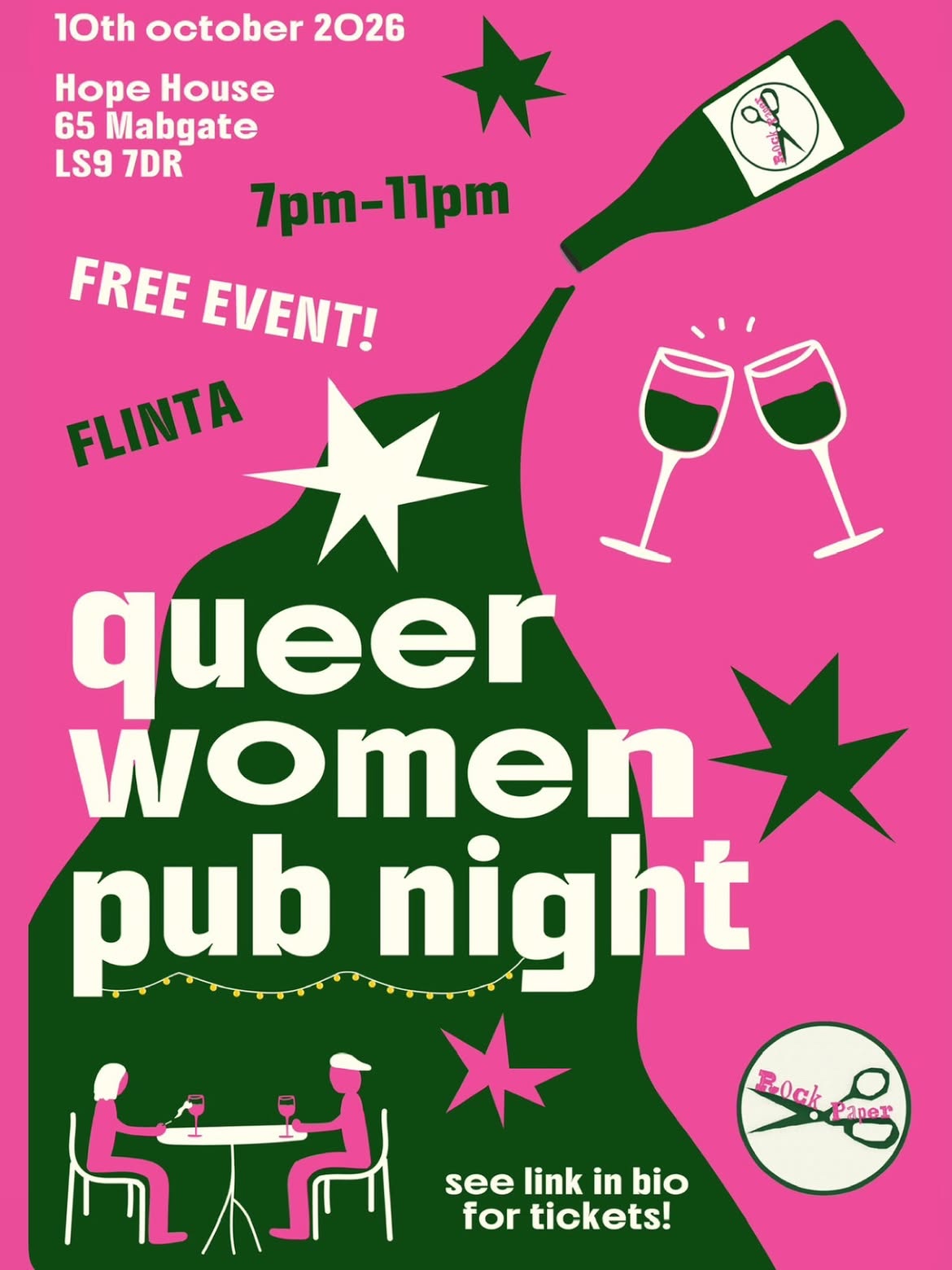Poster for Queer Women Pub Night at Hope House, Leeds