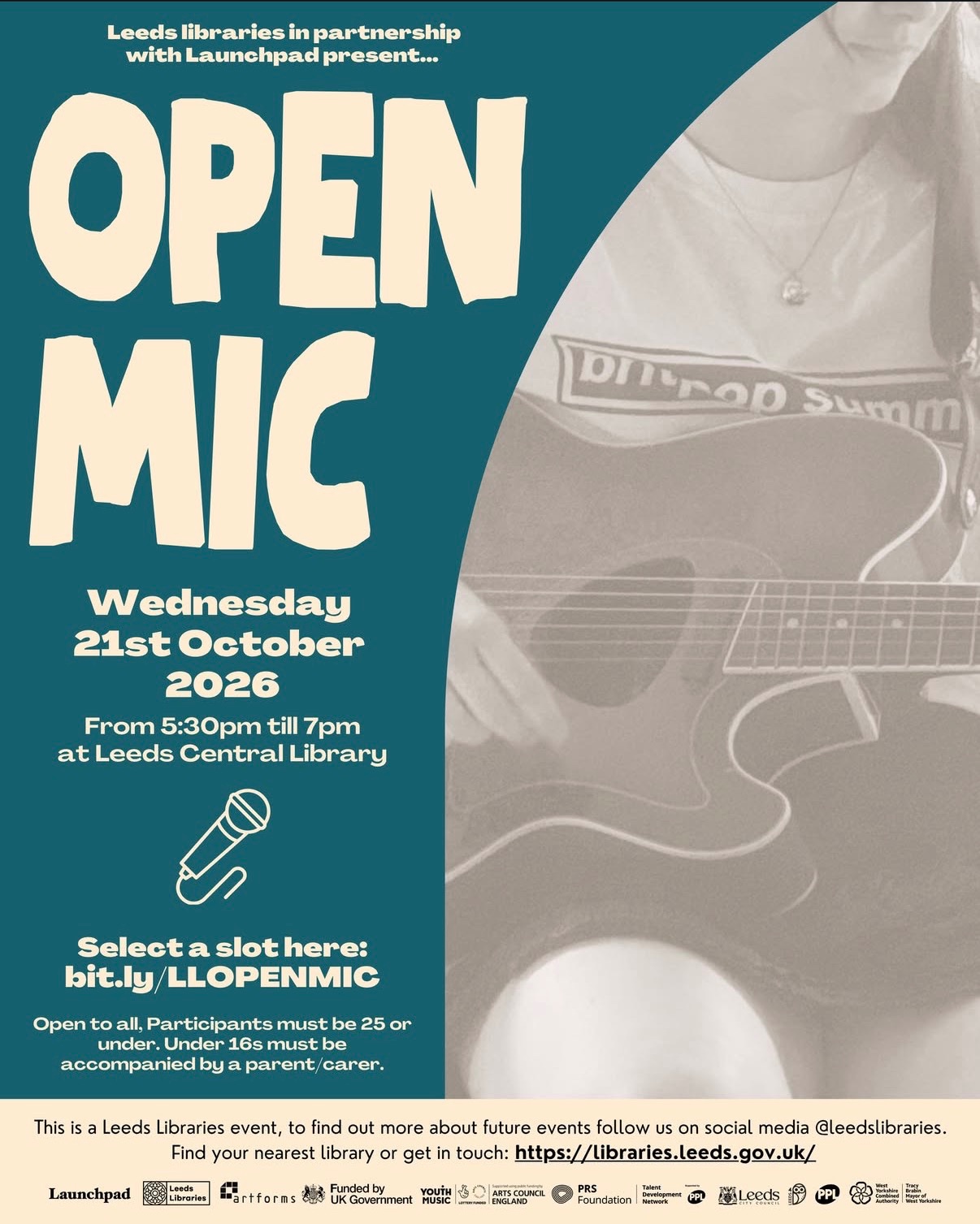 Poster for Open Mic at Leeds Central Library, Leeds