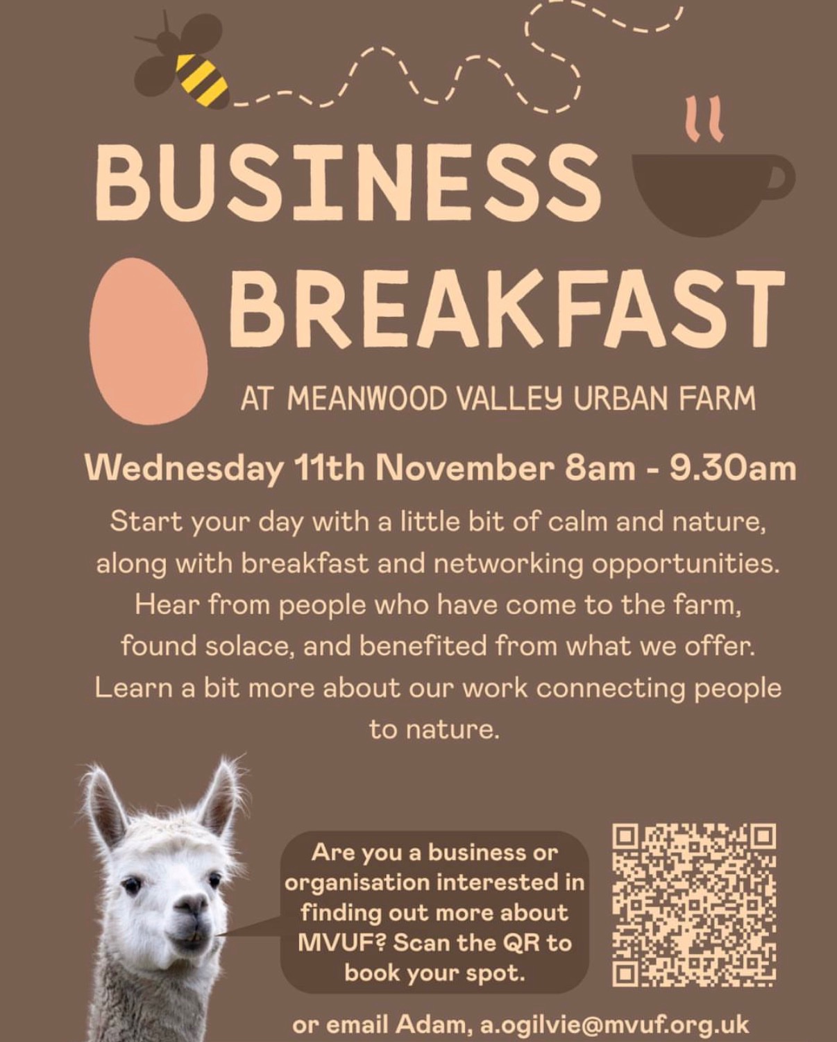 Poster for Business Breakfast at Meanwood Valley Urban Farm, Leeds